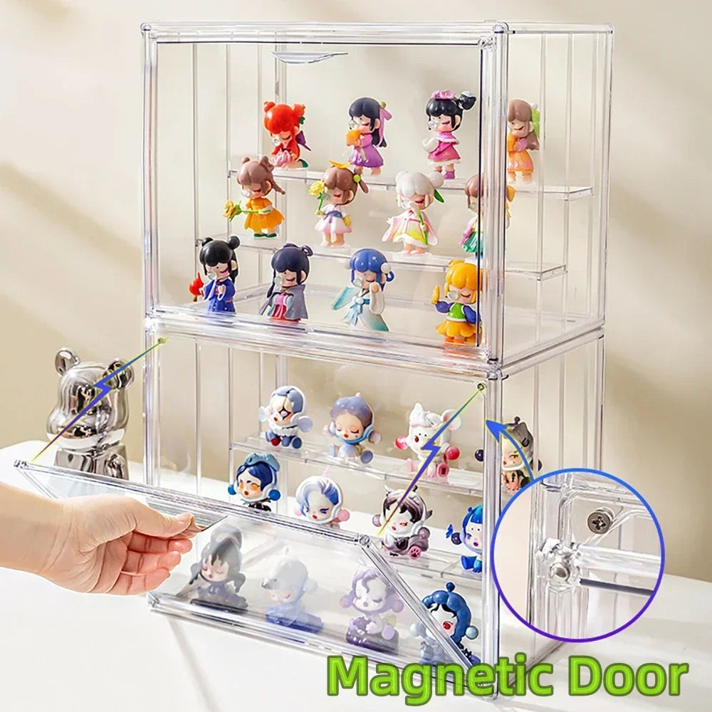 Clear Display Box Stackable Plastic Dustproof Storage Bins for Figures Collectibles and Cosmetics with Interlayers