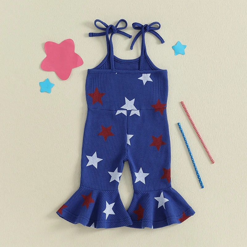 4th July Toddler Girl Outfit USA Romper Spaghetti Strap Bell Bottoms Jumpsuit