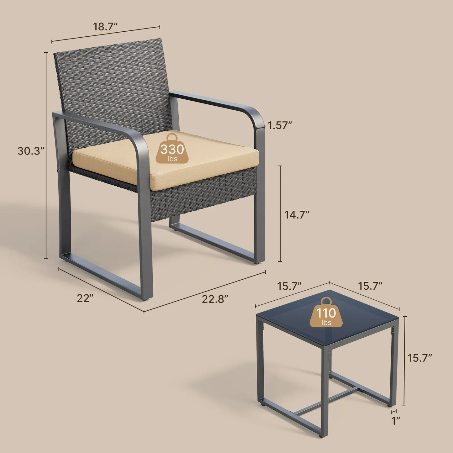 3-Piece Patio Chairs Set with Glass Coffee Table Outdoor Rattan Furniture for Garden Porch Yard GrayCushion