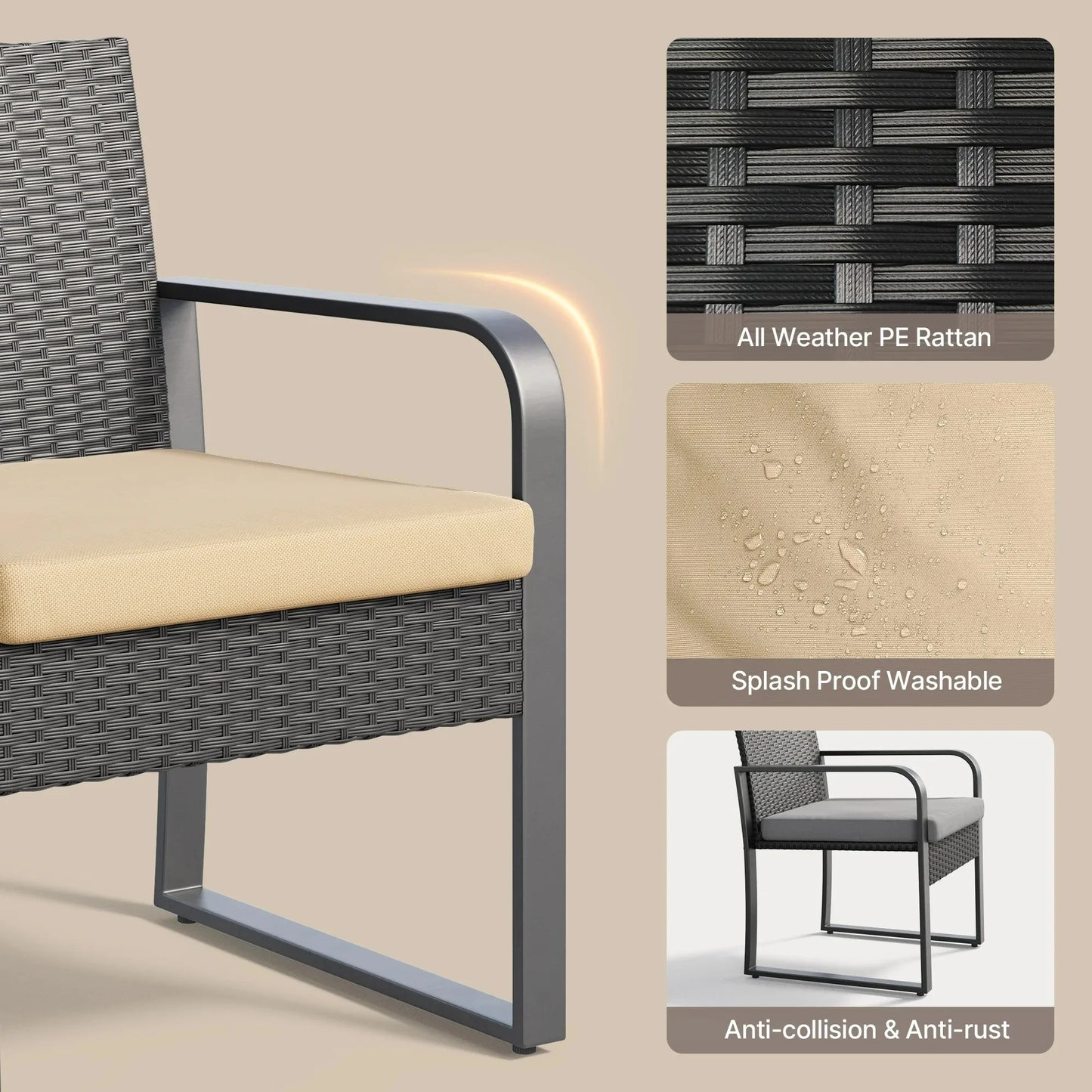 Rattan Patio Chairs Set with Glass Coffee Table for Outdoors