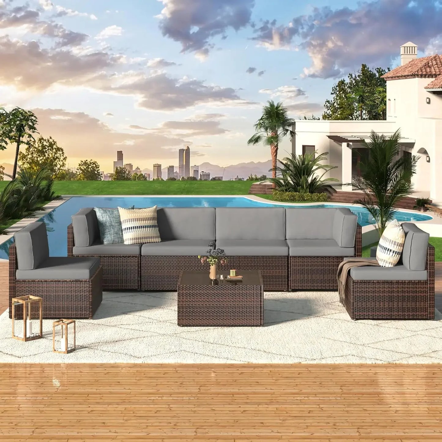 7 Piece Outdoor Patio Furniture Set with Grey Wicker Chair