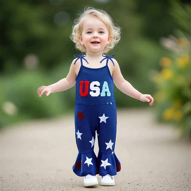 4th July Toddler Girl Outfit USA Romper Spaghetti Strap Bell Bottoms Jumpsuit