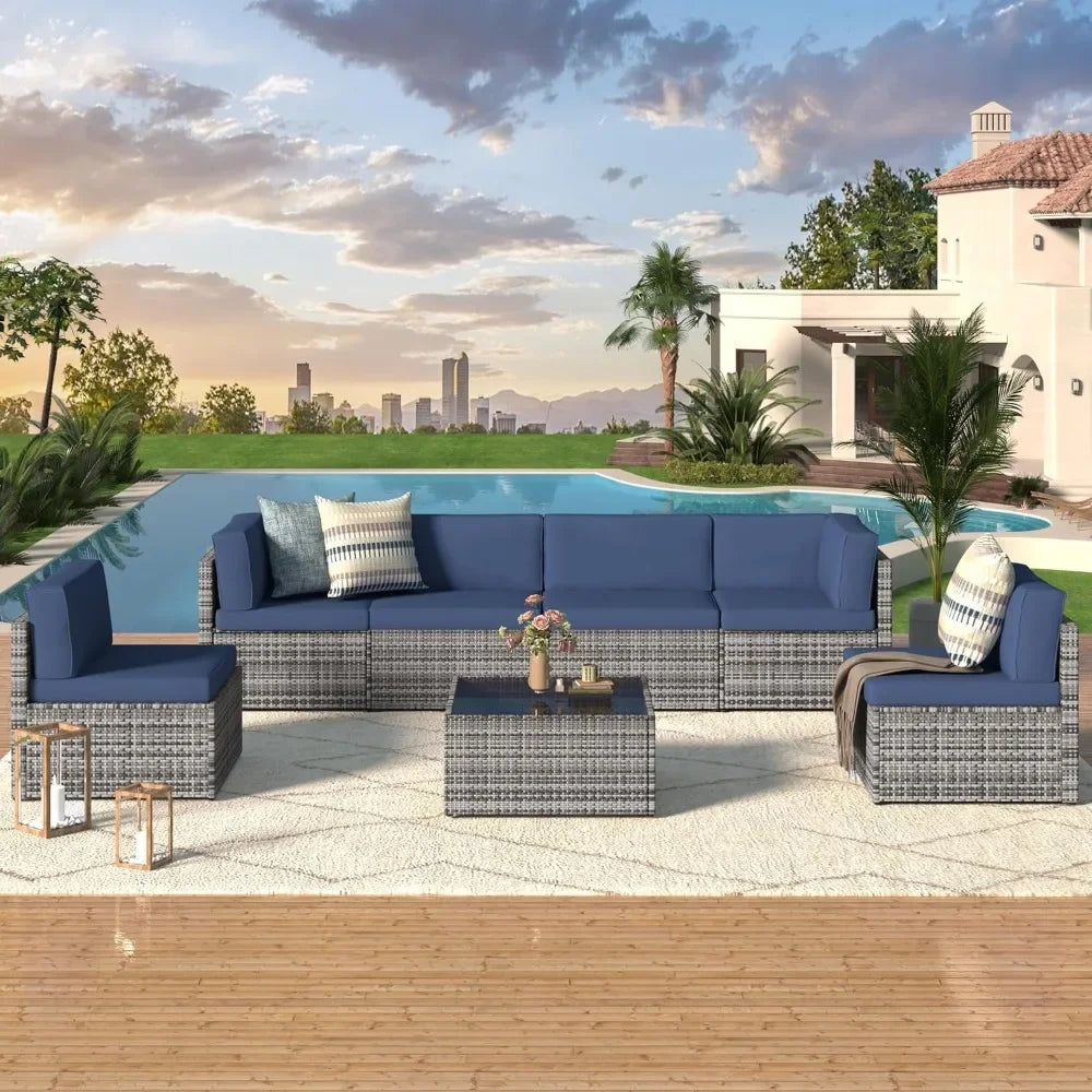 7 Piece Outdoor Patio Furniture Set with Grey Wicker Chair