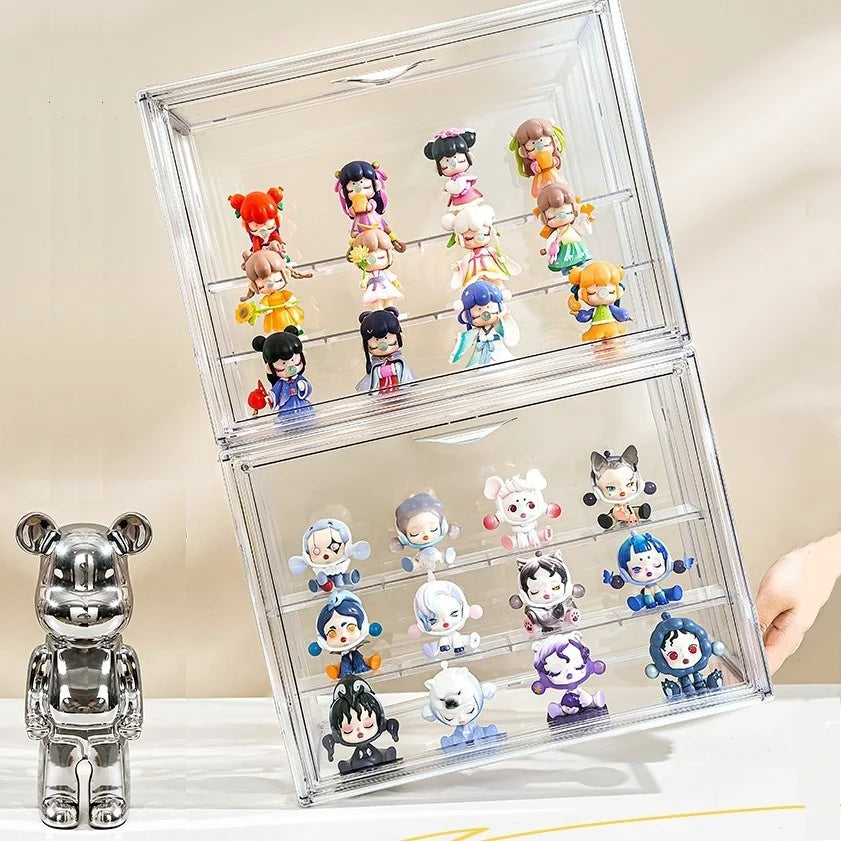 Clear Display Box Stackable Plastic Dustproof Storage Bins for Figures Collectibles and Cosmetics with Interlayers