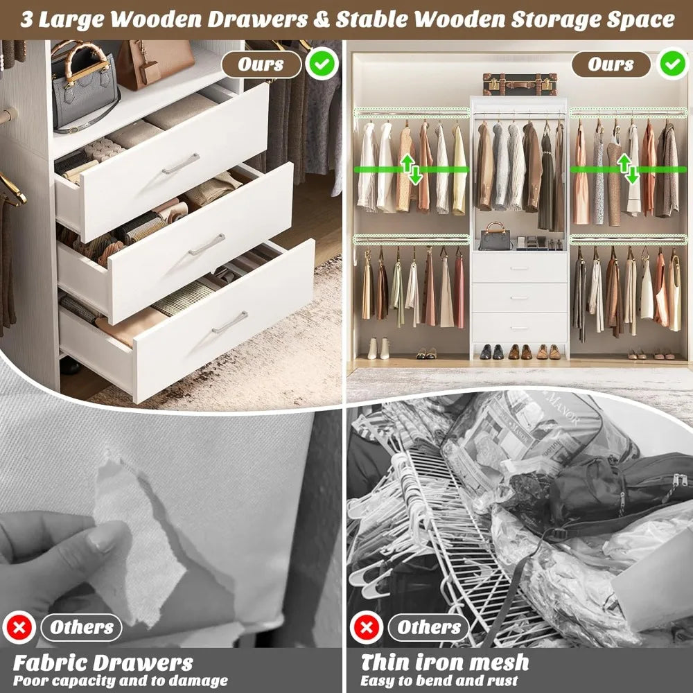 Stylish Wall Mounted Closets System with 3 Wooden Drawers and Adjustable Hanging Rods for Walk-In Wardrobes