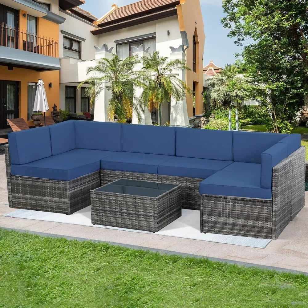 7 Piece Outdoor Patio Furniture Set with Grey Wicker Chair