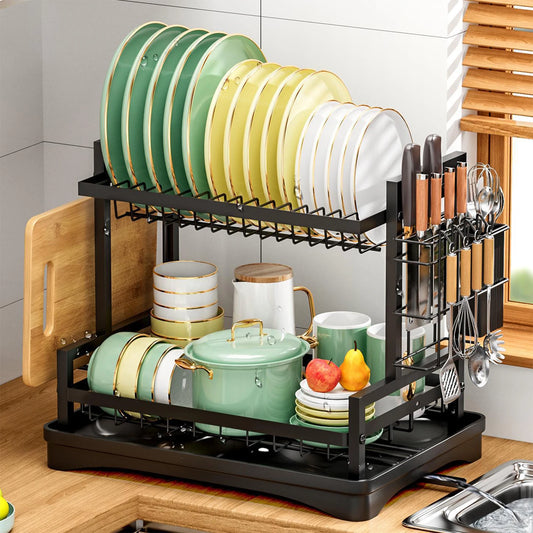 Two Tier Rustproof Dish Drainer Rack with Drip Tray